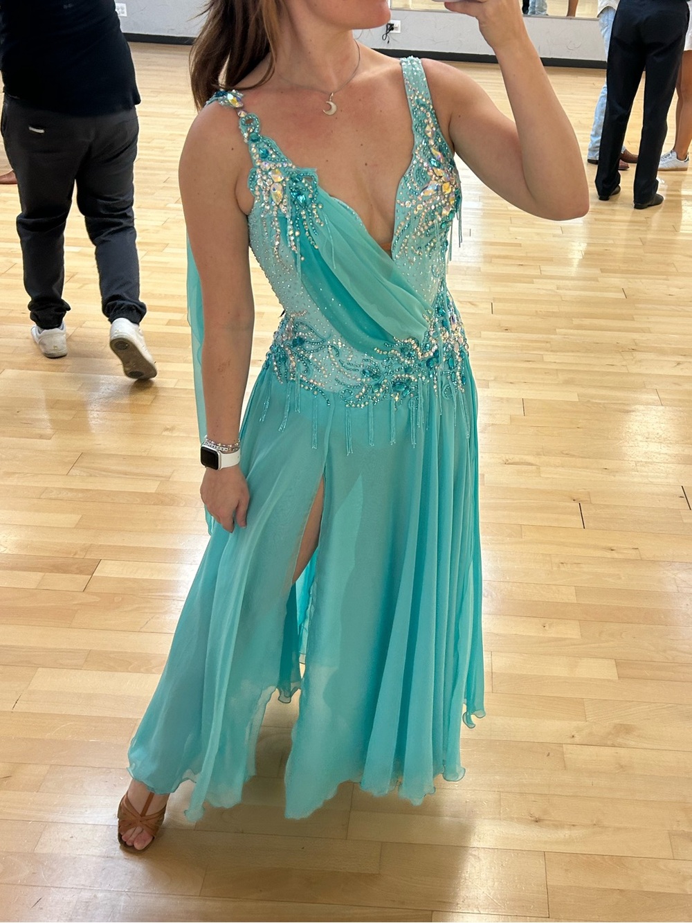 Aqua Smooth Ballroom Dance Gown with Slit